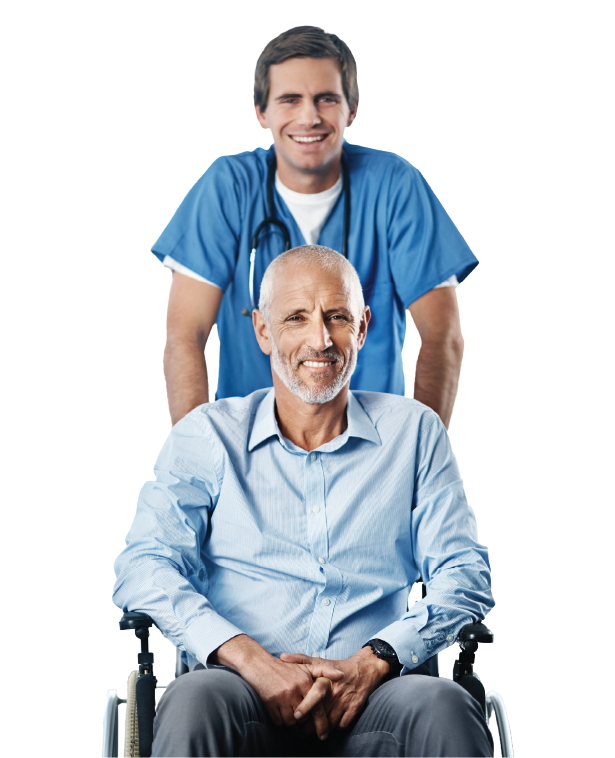 Male health worker pushing older man in wheelchair